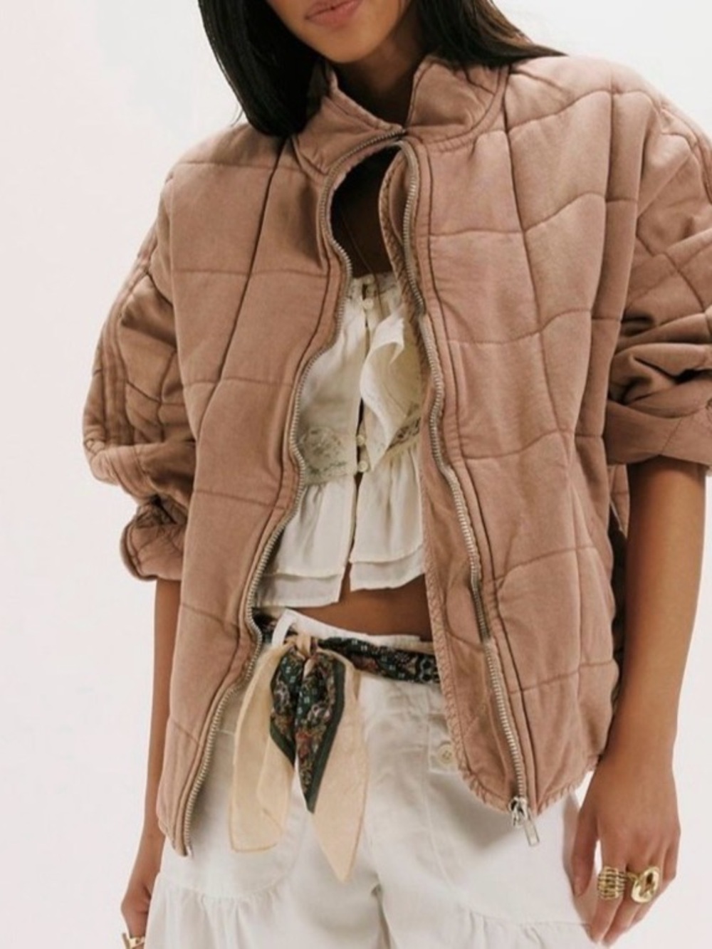 Free People Dolman Quilted Knit Jacket - S - Champagne Diamonds? - Brownish Tan